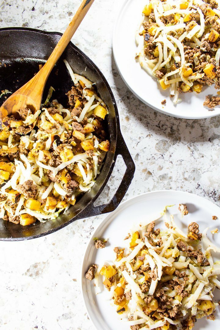 This super easy One-Pan Ground Beef Breakfast Hash requires just four ingredients and makes a deliciously satisfying Paleo, Whole30 or AIP breakfast (or lunch or dinner). Plus, it's ready in 30 minutes flat, so you can fuel up and get on with your day! | HurriedHealthnut.com