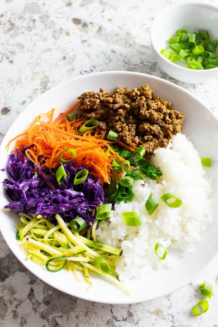 AIP Bibimbap assembled in a white bowl.