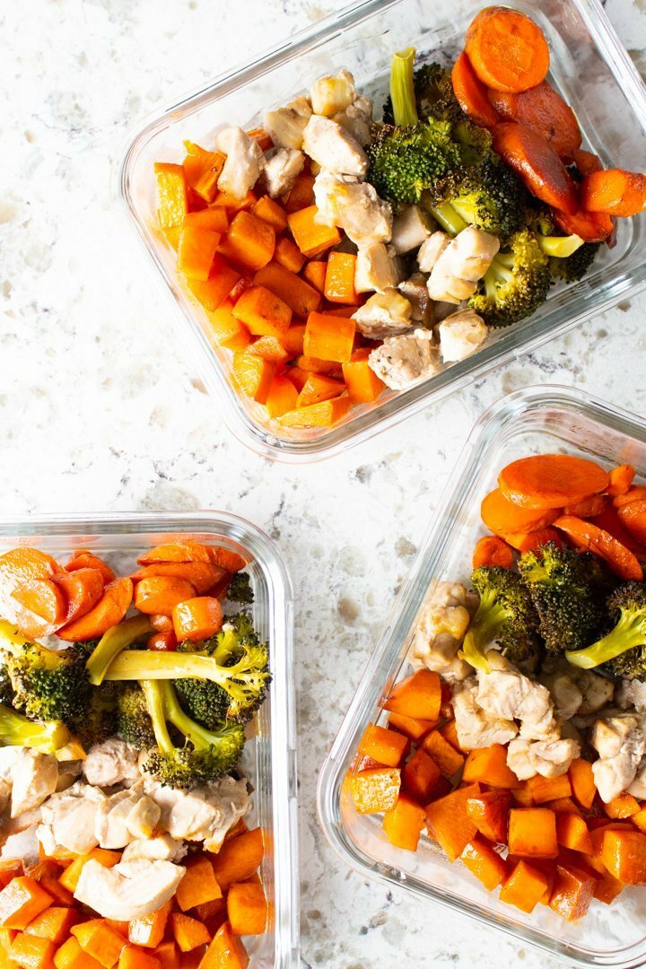Sheet Pan AIP Winter Meal Prep Bowls in glass containers.