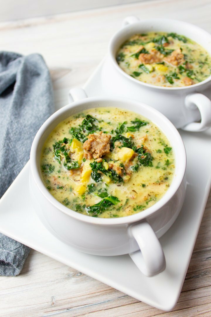 AIP Zuppa Toscana in two white bowls on a serving tray.