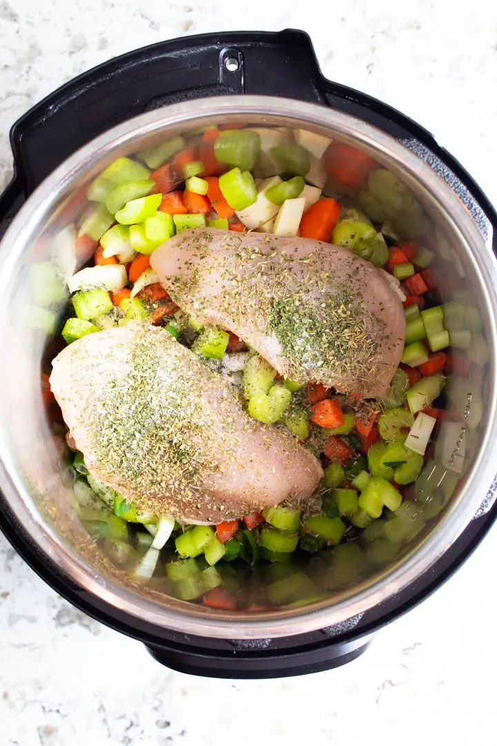 Top view of soup ingredients in an Instant Pot.