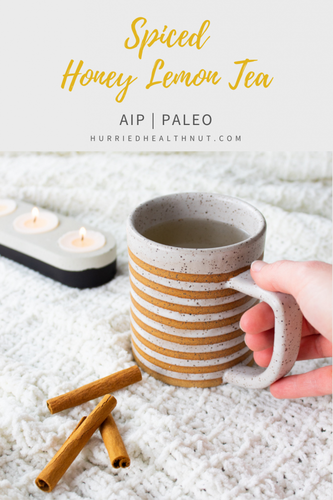 This Spiced Honey Lemon Tea recipe is cozy in a cup! Serve in a mug and curl up by the fire, or serve in a fancy glass for a virgin hot toddy that is AIP and Paleo-friendly. #spicedhoneylemontea #honeylemontea #virginhottoddy #hottoddy #aip #paleo